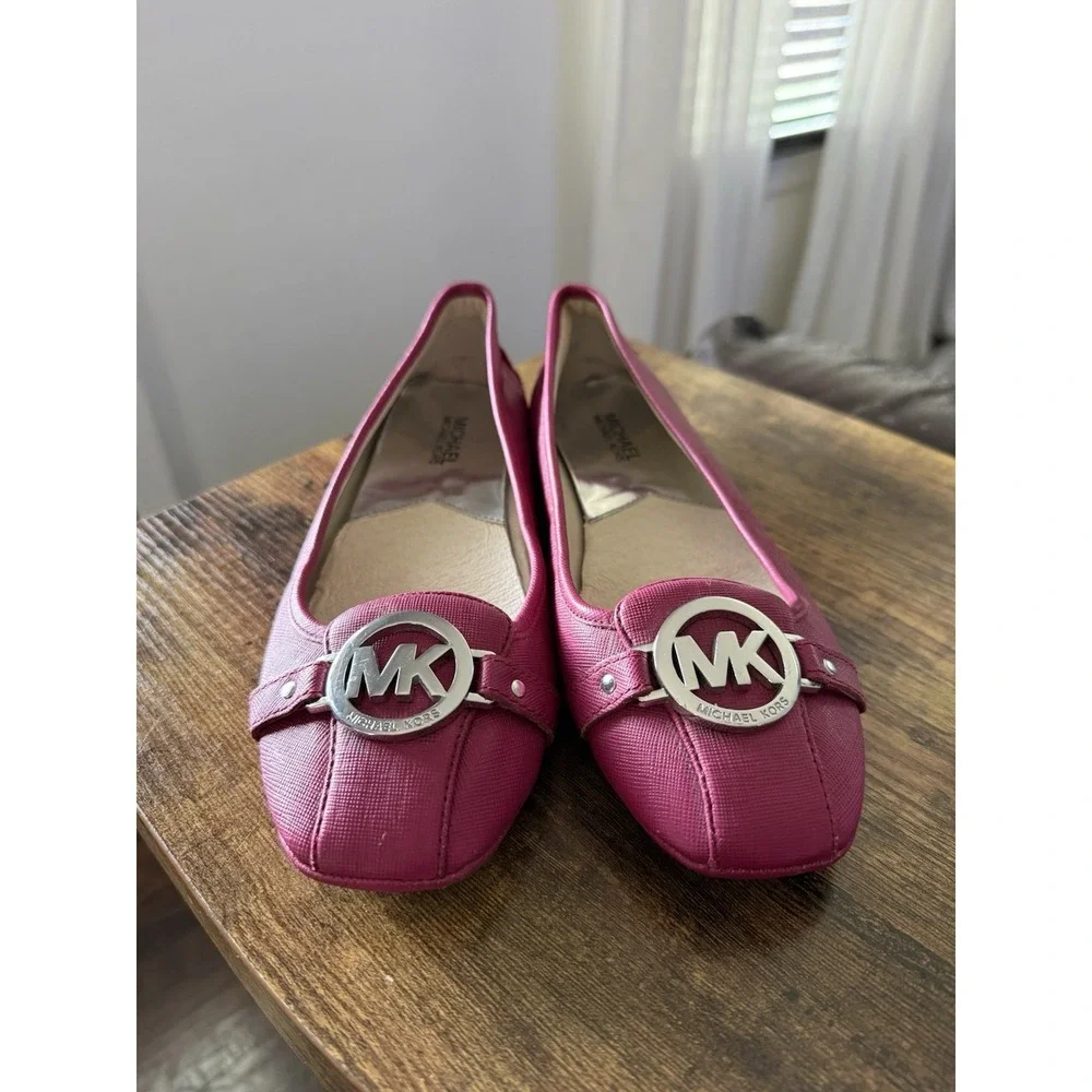 MICHAEL  Kors Hot Pink Silver Fulton Moc Ballet Leather slip on comfort Flats-9M
